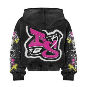 Ensemble sweat à capuche et pantalon évasé Ibex personnalisé, délavé à l'acide, avec strass et impression DTG, coupe ample, style streetwear - Product Image 5