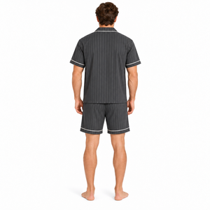 <b>Men</b> Striped Knitted Polyester Casual <b>Pajama</b> <b>Set</b> <b>Short</b> Sleeve Button Sleepwear Summer Cool Loungewear Matching Lounge <b>Shorts</b> Dark - Product Image 3