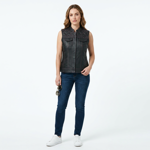 Gilet décontracté coupe-vent en cuir véritable noir pour homme, col montant, style motard, poche avant, sans manches, vêtement d'extérieur d'hiver - Product Image 6