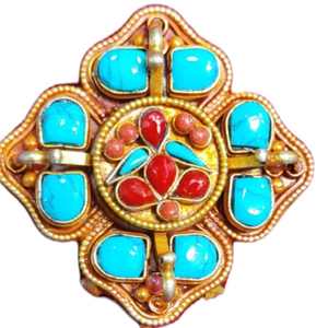 Handmade Sterling <b>Silver</b> Tibetan Ghau Pendants Antique Gold Plating Diamond Turquoise Accents Religious Jewelry for Buddhism - Product Image 1