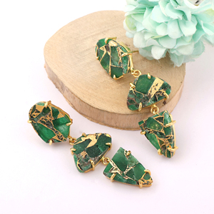Green copper mohave turquoise 3 tier dangling <b>earrings</b> with push <b>back</b> closure handmade prong setting ear jewelry for wholesale - Product Image 2