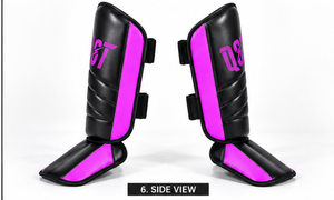 Protections de tibias de boxe violet-noir en cuir PU rembourré pour l'entraînement de Muay Thai, MMA et arts martiaux - Product Image 3