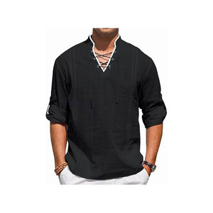 Chemise habillée vintage pour homme en lin et coton corail, col mandarin, manches longues, respirante, couleur unie, en popeline de printemps - Product Image 3