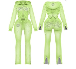 Ensemble assorti personnalisé 2026 : Sweat à capuche zippé orné de strass et pantalon évasé – Fabricant de vêtements sur mesure pour femmes - Product Image 5