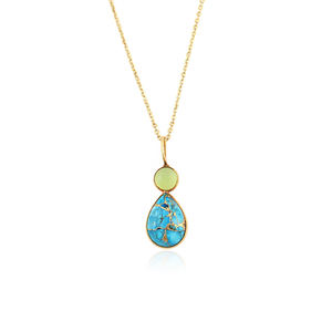 Hypoallergenic necklace prehnite chalcedony <b>with</b> mohave blue copper turquoise bezel set pendant 18k gold plated brass necklace - Product Image 1