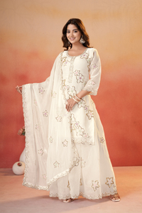 Fendy <b>Silk</b> Multi Embroidery Sequence Kurti Set With Lined Elastic <b>Palazzo</b> <b>Pant</b> And Matching Embroidered Dupatta For Women UV 150 - Product Image 1