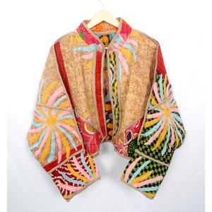 Handmade Vintage 100% Cotton Kantha Quilted Breathable Nonwoven <b>Jacket</b> Block Print Floral Design <b>Mandarin</b> <b>Collar</b> Winter Summer - Product Image 2