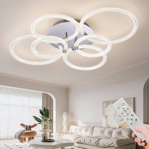 Modern LED Flush Mount Ceiling Light 6-Ring Acrylic Fixture with Dimmable Remote Control for Bedroom Living Room & Kitchen - Product Image 3