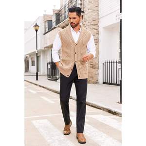 Gilet en tricot tendance pour homme, motif géométrique, sans manches, beige, boutonné devant, tenue d'automne - Product Image 6