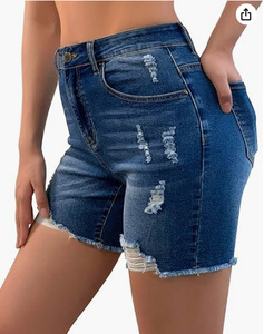 Shorts en jean délavé taille haute pour femme, coupe droite, décontractés, en coton, avec poches, coupe régulière, vente en gros - Product Image 3