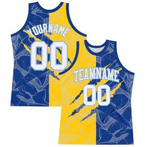 Maillot de basket-ball personnalisé à motif graffiti blanc, jaune royal, bleu clair, col ras du cou, sublimation, maille polyester/coton, pour équipe - Product Image 1