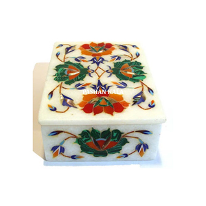 White Marble Rectangular Inlay Work Jewelry Box - Product Image 1