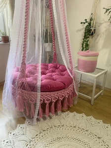 Pink Cotton Rope Luxurious Macramé <b>Swing</b> Bed Cushioned <b>Hammock</b> Seat Round Hanging Chair with Netting for Indoor Relaxation72x40" - Product Image 4