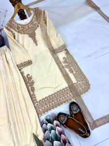 Designer Embroidery Chain Sequence Work Viscose Velvet <b>Top</b> With Plazzo Fabric And Dupatta Fully Stitched Ready To Wear Set - Product Image 6