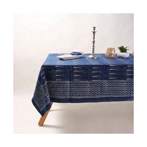 Blue Block Print GOTS Certified 100% Cotton <b>Embroidered</b> <b>Tablecloth</b> 60x120 Inches Designed for Elevating Your Dining Experience - Product Image 5
