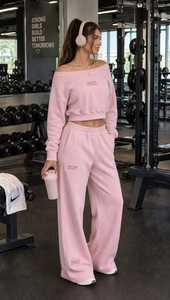 Conjunto Deportivo de 2 Piezas para Mujer, Estampado Rosa, Top Corto de Cuello Alto y Manga Larga, Pantalones Deportivos de Pierna Ancha con Cintura Elástica y Cierre - Product Image 5