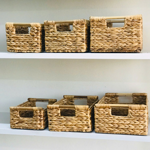 The Set of 3 Water Hyacinth <b>Rectangle</b> <b>Basket</b> with Wooden Handle Multifunction <b>Storage</b> <b>Basket</b> - Product Image 5