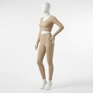 Ensemble de yoga pour femmes, haut court côtelé beige à manches longues, leggings taille haute, ensemble de vêtements de sport pour la gym et le fitness - Product Image 3