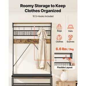 Porte-manteau autoportant 72 pouces avec banc à chaussures, organisateur de rangement à 2 niveaux, crochets muraux, tringle de suspension et étagère en fil métallique - Product Image 3