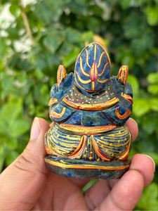 Hand Carved Hand Painted Lapis Lazuli Ganesha <b>Statue</b> | 2.75 Inch Gemstone Ganesh Idol | Gold Detailed Hindu Decor - Product Image 4