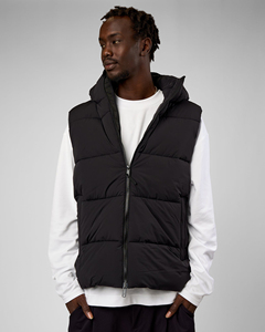 Gilet matelassé à capuche noir pour homme avec fermeture éclair, coupe-vent, veste décontractée d'hiver, coupe régulière, couleur unie, rembourrage en polyester - Product Image 1