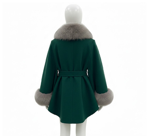 Women Green Wool Blend <b>Coat</b> with Faux Fur Collar Cuffs Belted Winter Fashion Warm Elegant Ladies Overcoat OEM Wholesale Boutique - Product Image 2