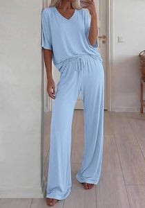 Women V-Neck Short Sleeve Tracksuit Set Light Blue Solid Color Drawstring Waist Wide Leg Pants Casual Loose Fit Stretchy Autumn - Product Image 5