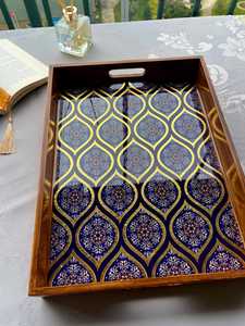 Rectangle Wood Serving Tray Blue Gold Inlay Handpainted Moroccan Pattern Handmade <b>Decorative</b> <b>Plate</b> - Product Image 4