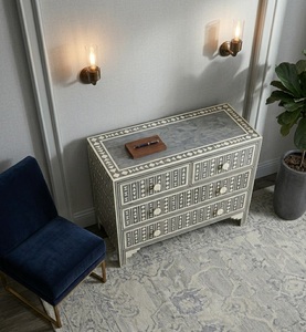 Commode à 6 tiroirs en bois sculpté à la main, style moderne, noir et blanc, fabrication indienne - Product Image 2
