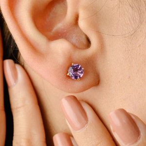 14K Cushion Cut Diamond and Amethyst Solitaire Stud Earrings for Mom in White Gold - Product Image 1