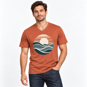 T-shirt décontracté pour homme en jersey 100 % coton, col en V, manches courtes, imprimé coucher de soleil sur l'océan, coupe classique, respirant - Product Image 3
