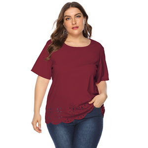 T-shirt décontracté pour femme grande taille à manches courtes, col rond, coupe ample, tricoté, couleur unie, ourlet en dentelle, toutes saisons - Product Image 2
