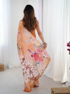 Elegant <b>Orange</b> Floral Printed Heavy Chinnon <b>Saree</b> With Mirror Work For Women Wedding Wear Casual Wear <b>Saree</b> - Product Image 3
