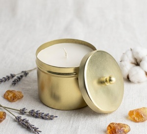 Pot à bougie en métal doré de luxe avec couvercle, personnalisable avec logo, pour mariage, en laiton élégant, fait main, rond, pour bougies votives, en promotion - Product Image 1
