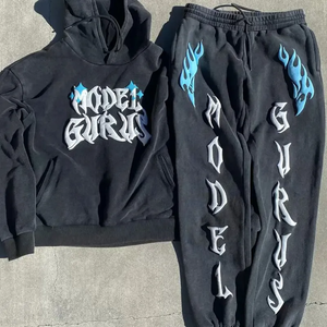 Ensemble de survêtement vintage noir à capuche pour homme avec logo gothique blanc imprimé, sweat-shirt et pantalon de jogging pleine longueur en nylon pour l'hiver - Product Image 3
