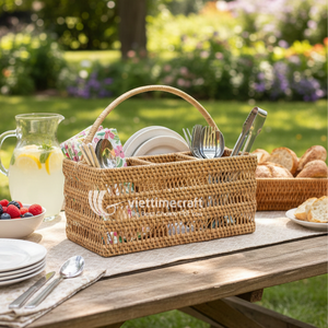 Vintage Rectangle Rattan Cutlery Holder Divided Picnic Basket Set Sustainable Multifunctional <b>Tabletop</b> Organizer for Outdoor - Product Image 3