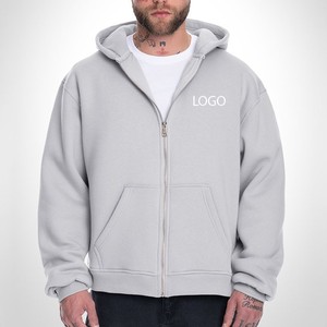 Light <b>Grey</b> Zip Up Hoodies Men Custom Logo <b>Fleece</b> <b>Jacket</b> Bulk Wholesale Drop Shoulder Streetwear Heavyweight Cotton OEM - Product Image 1