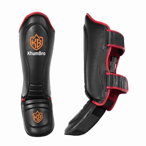 Protège-tibias noirs KhumBro en PU avec rembourrage EPE, fermeture Velcro, réglables, légers, équipement de protection professionnel pour la boxe - Product Image 1
