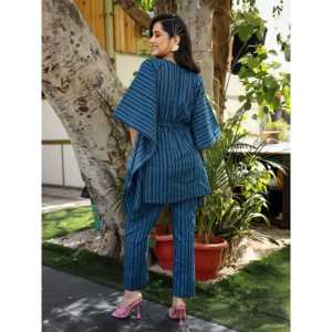 Ensemble coordonné kaftan indigo en tissu crêpe respirant pour femme, taille XS, hauts à manches trois-quarts - Product Image 2