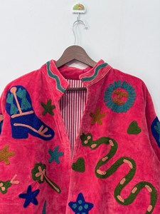 Handmade Pink <b>Velvet</b> Embroidered Suzani <b>Jacket</b> with Snake Pattern Full Sleeve Stand Collar Bohemian Autumn Outerwear - Product Image 3