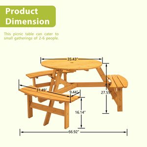 Table de pique-nique circulaire en bois pour 6 personnes avec 3 bancs intégrés, capacité de 1720 lb, pour patio, jardin, bricolage - Product Image 2