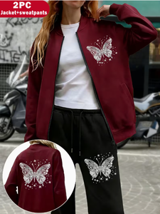 Women 2 Piece Tracksuit Set Black Butterfly Rhinestone Print Zipper Jacket Sweatpants Casual Loose Fit All Seasons Wear - Product Image 2