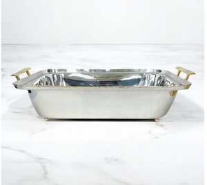 Plat de service rectangulaire en métal poli avec poignées dorées, design glamour, motif uni, compatible lave-vaisselle, vaisselle et assiettes - Product Image 6