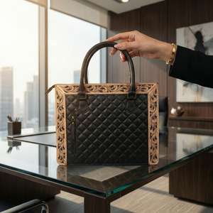 Bolso Tote de Gran Capacidad, Color Negro Sólido, 100% Cuero Genuino, Borde Lateral con Flores Talladas a Mano, Estilo Veraniego - Product Image 1