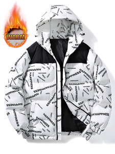 Men's Hooded Puffer Jacket Printed Letter Pattern Warm Winter <b>Coat</b> <b>Zipper</b> Closure Casual Streetwear Style Thick Polyester - Product Image 1