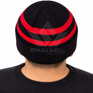 Bonnet noir unisexe avec rayures rouges, tricoté à la machine, chapeau d'hiver chaud, style décontracté, taille adulte 56-58CM - Product Image 1