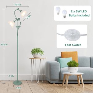 Vintage Green <b>Standing</b> Lamp with 2 LED 5W Blubs Flower Acrylic Shade Foot <b>Switch</b> for Living Room-Flower Floor Lamp - Product Image 2