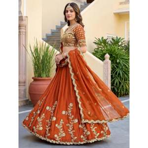 Plus Size Embroidered Silk Lehenga Choli for <b>Bride</b> with Bow and Feathers Pattern - Product Image 4