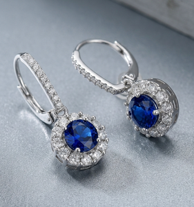 Boucles d'oreilles pendantes en saphir bleu avec halo de diamants, crochets d'oreilles en argent, pour cadeau - Product Image 3