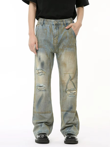 Jeans personnalisés vintage déchirés et imprimés, coupe ample, bleu, pour hommes - Product Image 2